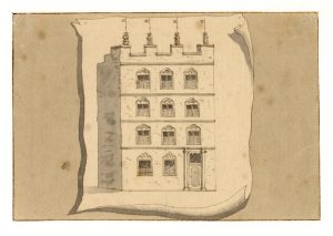 De originele gevel met leeuwenbeelden. Tekening L.P Serrurier, 1924 (Het Utrechts Archief)